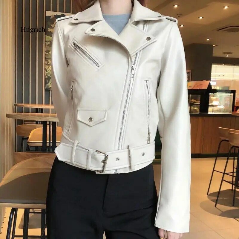 Spring Autumn Women Faux Leather Jacket Ladies Solid with Belt Zipper Biker Coat Female Casual Outwear