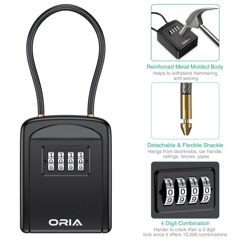 ORIA-Key Lock Box com corrente removível, 4 combinação de dígitos, cofre, armazenamento chave impermeável, Lock Box