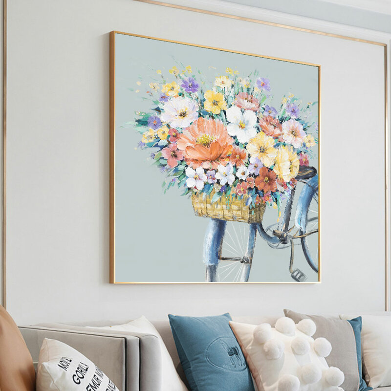 Pintura en lienzo de bicicleta de flores, carteles e impresiones de paisaje nórdico, imagen artística de pared abstracta para sala de estar, decoración del hogar sin marco