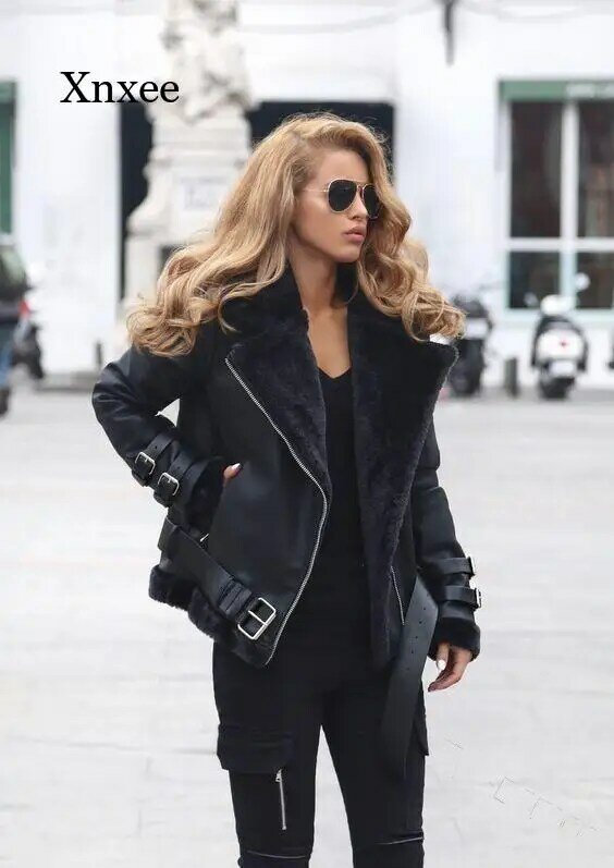 Outono e inverno quente da motocicleta plutônio jaqueta moda mais veludo preto zíper jaqueta feminina casual solto lapela rua punk jaqueta