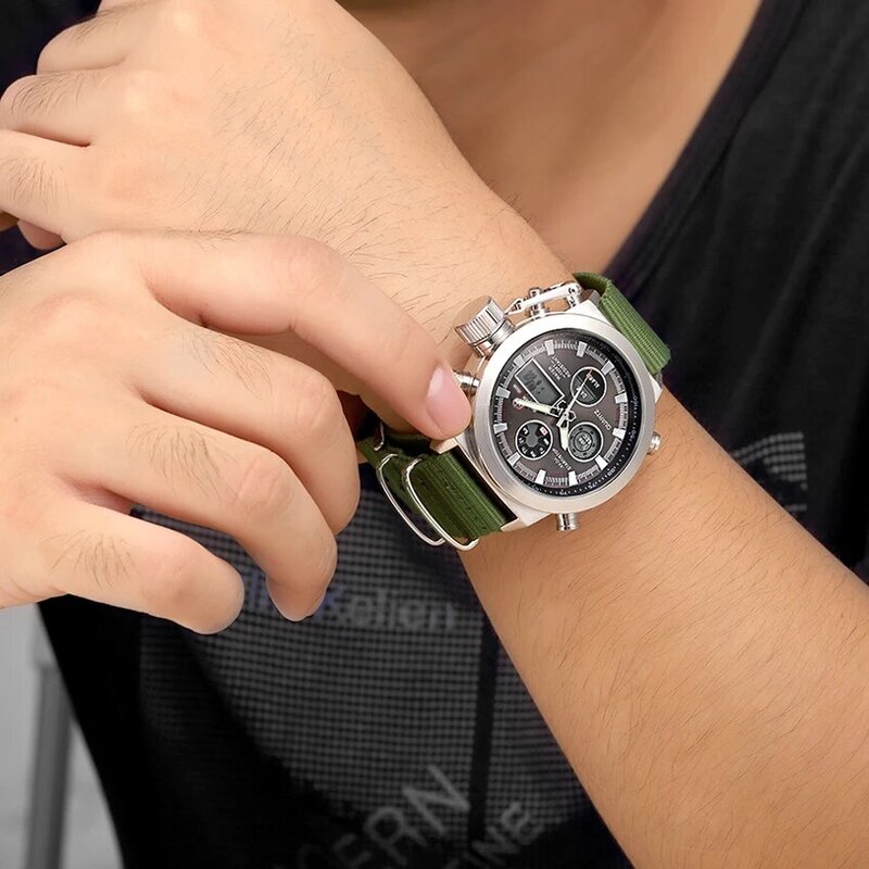 Męskie zegarki sportowe marki modowej z nylonowym paskiem cyfrowy analogowy zegarek wojskowe wodoodporne męskie chronografy LED jako zegarki