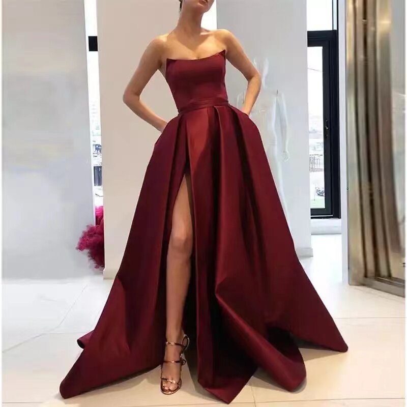 Burgund Prom Kleider mit Taschen Seite Slit Liebsten Satin Elegante Lange Abend Party Kleider Wein Rot Frauen Formale Kleid