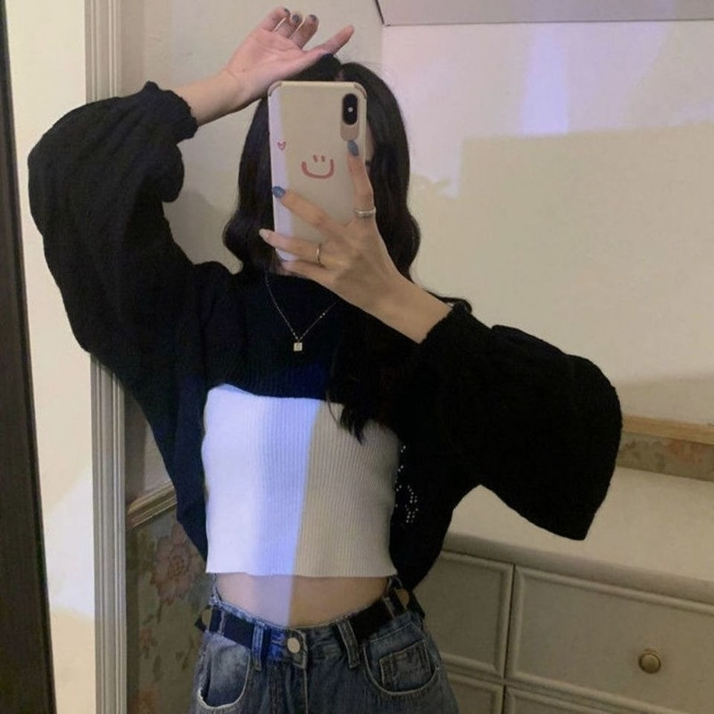 Women Shrugs Solid White Black Hollow Out Knitted Pullover Students All-match Fashion Long Sleeve Loose Crop Tops Korean Style