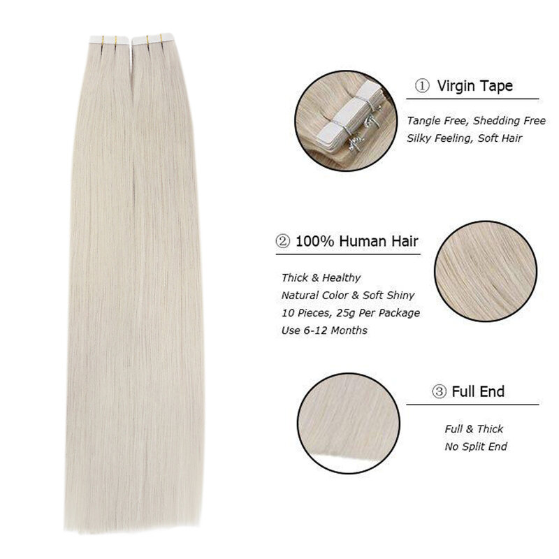[Last 12 Months] Ugeat Tape in Hair Extensions Virgin Hair 100% Real Human Hair 10A Grade Hair Extensions Tape Ins Pure Color