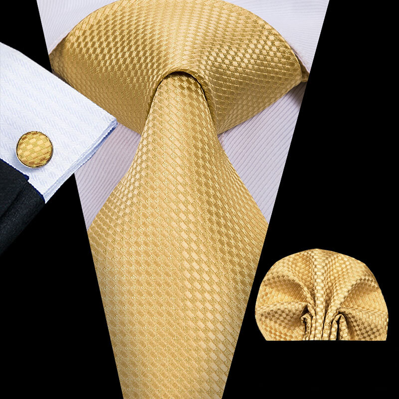 Hi-Tie Silk Men Tie Set Floral Yellow Gold Ties and Handkerchiefs Cufflinks Set Men's Wedding Party Suit Fashion Neck Tie C-3053