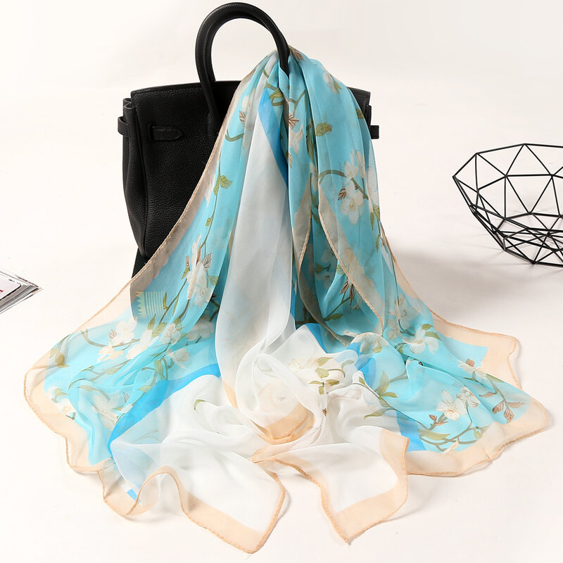 Georgette-bufandas de gasa para mujer, bufanda de seda de doble Color con estampado de flores, larga y suave, chal de playa