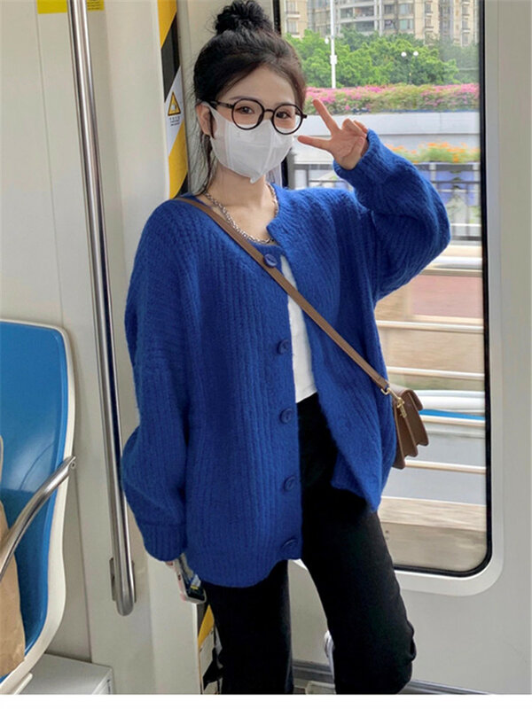 Cardigan Vintage donna primavera blu monopetto manica lunga maglioni femminili autunno 2022 allentato coreano O collo Outwear cappotti