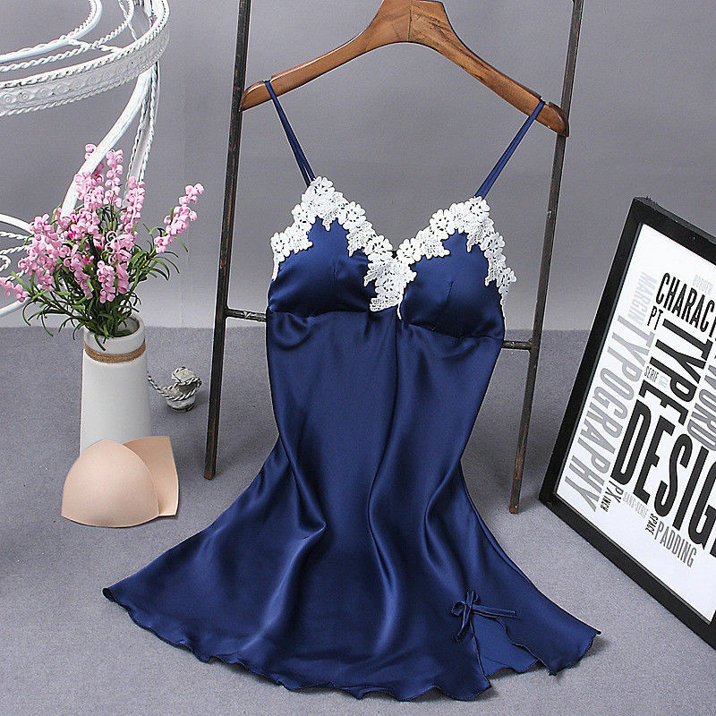 2023 New Summer Sexy Women Lingerie Dress Strap Lace V-neck Solid Satin Nightdress Nightgown Lady Sleepwear Babydolls