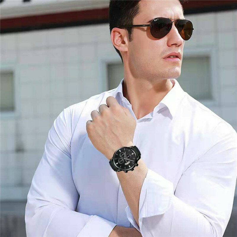 Relógio masculino analógico quartz de pulso, com pulseira de couro, casual, esportivo, negócios, 2019