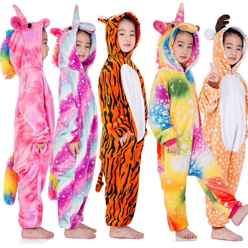 Inverno flanela macio quente unicórnio kigurumi pijamas com capuz animal dos desenhos animados meninos pijamas unicórnio pijamas para meninas crianças pijamas