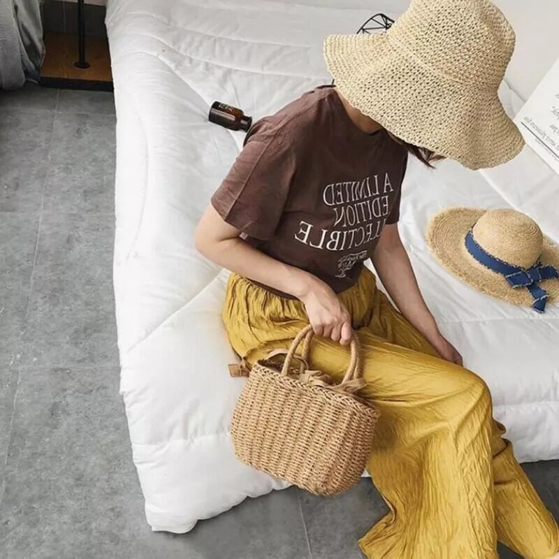 Bolso de paja tejido a mano para mujer, bolsa de Mimbre para playa, Bohemia, Bali, verano, 2022