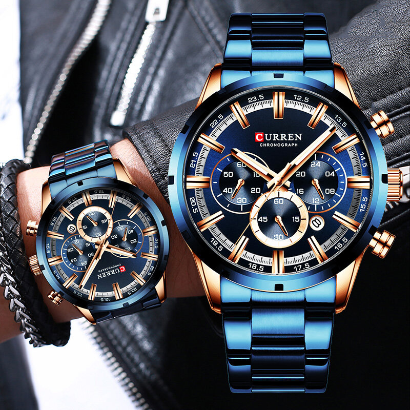 Curren orologio da uomo quadrante blu cinturino in acciaio inossidabile data uomo d'affari orologi da uomo Luxuries impermeabili orologi da polso da uomo per uomo