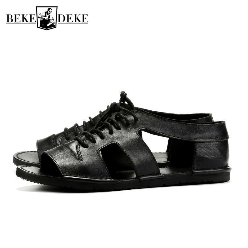 Verão roma sapatos casuais dos homens designer preto slides inglaterra retro rendas até sandálias de couro real gladiador dedo do pé aberto praia