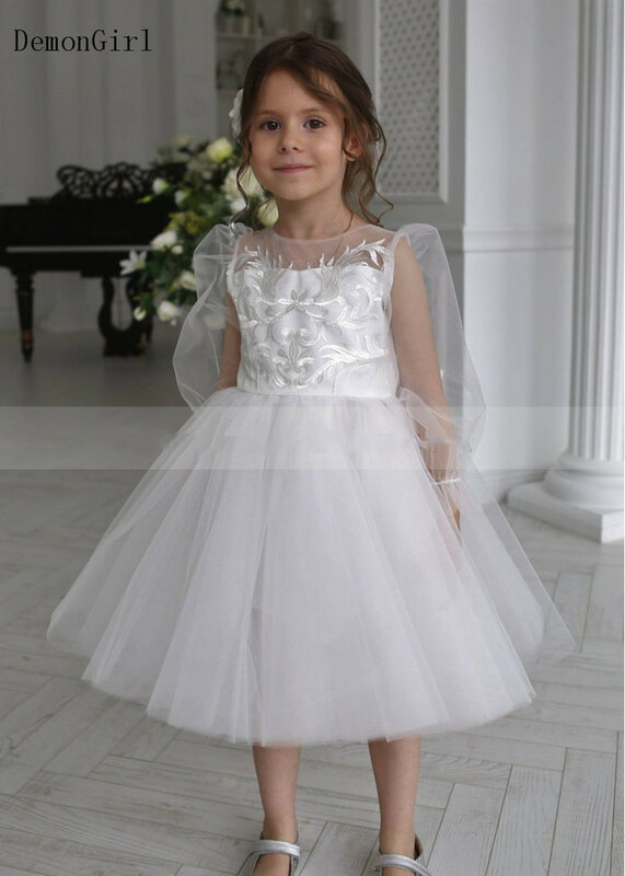 Ivory Lace Tulle Long Sleeve Flower Girl Dress Kids Tutu O Neck Big Bow Girls Clothes First Communion Dress Size 1-14Y