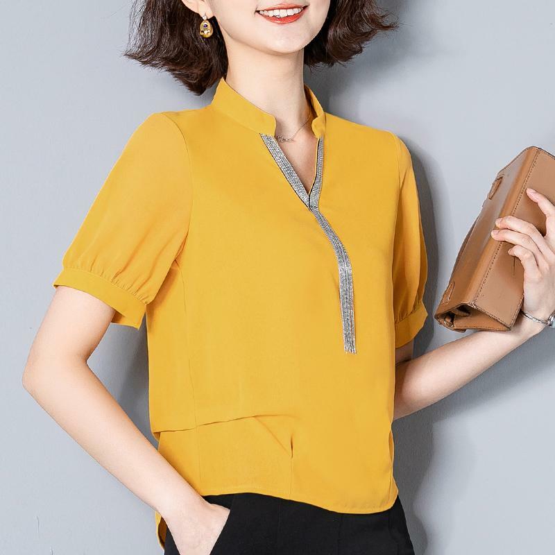 Beading tassel feminino v pescoço chiffon blusa manga curta sólido casual camisetas grandes tamanhos elegantes senhoras verão moda camisa