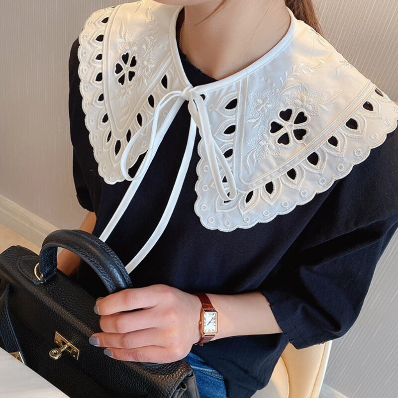 Korean Women White Cotton Fake Collar Shawl Wrap Hollow Out Floral Fish Scales Necklace Scarf Embroidery Short Poncho Dropship