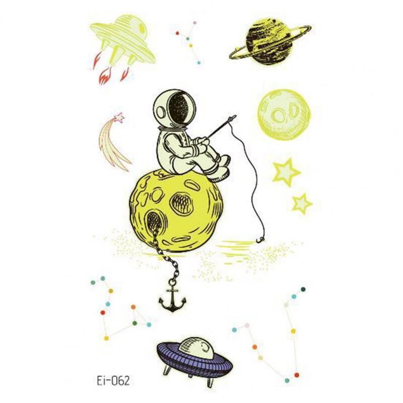 빛나는 문신 스티커 어린이 방수 행성 우주선 임시 문신 만화 스티커 바디 아트 데칼
