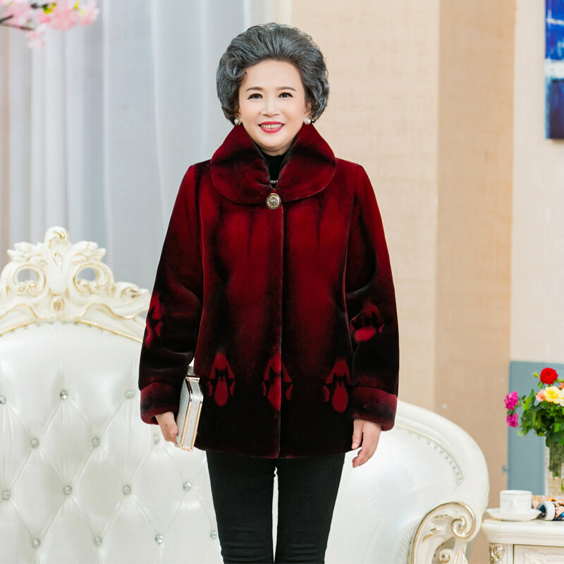Haining Mantel Bulu Wanita 2022 Baru Ibu Usia Menengah dan Tua Memakai Mantel Bulu Mewah Imitasi Tebal 6XL Jaket Hangat Mantel Musim Dingin