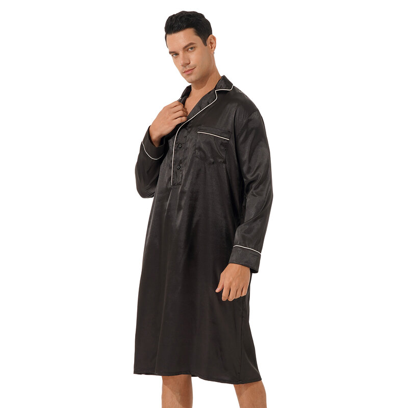 Heren Nachthemd Lange Mouw Nachtkleding Soft Comfy Zijde Satijn Homewear Pyjama Slaap Tops Nachtjapon Losse Slaap Shirt Plus Size