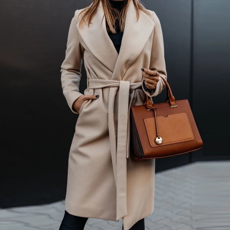 Women Elegant Turn-Down Collar Belt Woolen Coat Autumn Winter Casual Slim Long Coats Office Ladies Solid Long Sleeve Open