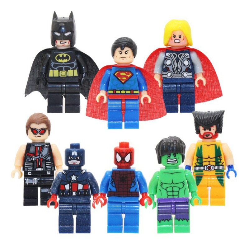8Pcs/lot Compatible Lepining Marvelous Superman Batman Thor Avengers Hulk SpiderMan Iron Man Building Bricks Blocks Toys for Kid