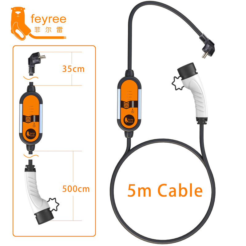Feyree EV cargador portátil tipo 2, Cable de 5m, 3,5 kW, 16A, enchufe IEC62196, 1 fase, tipo 1, enchufe j1772 con enchufe Schuko para coche eléctrico