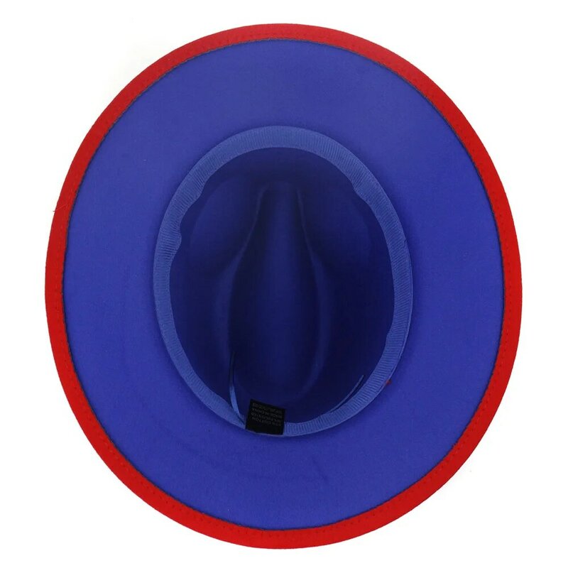 New Royal Blau Rot Patchwork Faux Wollfilz Fedora Hüte mit Dünnen Gürtel Schnalle Männer Frauen Große Krempe Panama Trilby jazz Kappe