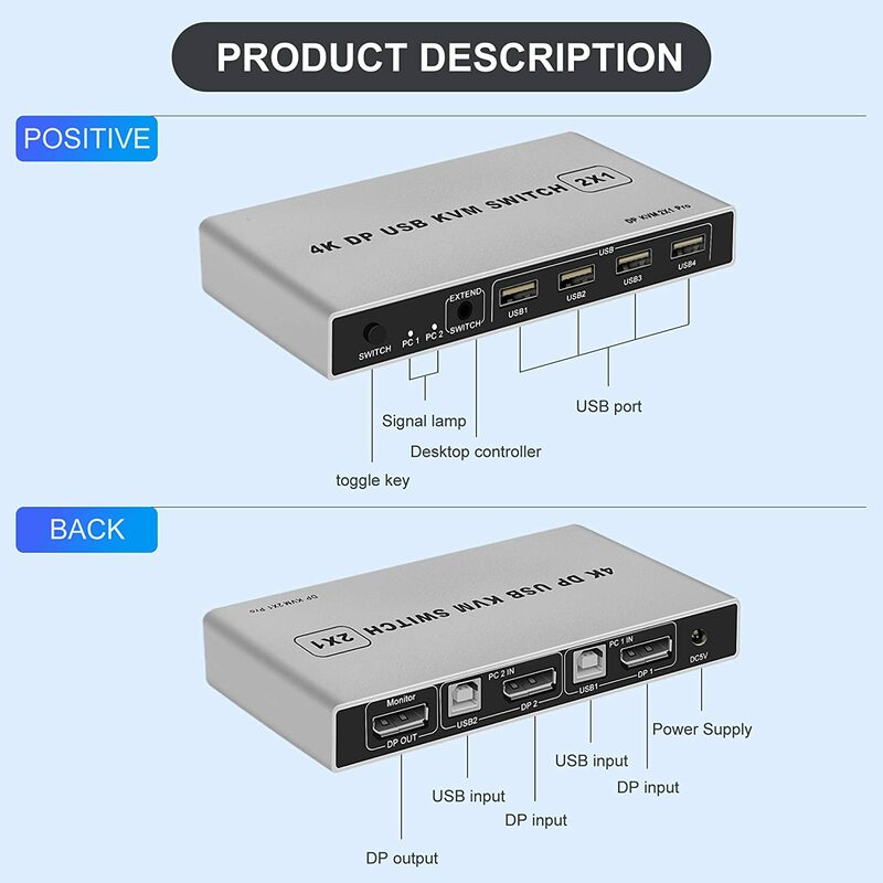 Displayport KVM Switch de doble puerto, 8K @ 60Hz, USB, conmutador KVM DP, 4KX2K/60Hz, 2 en 1, salida KVM USB