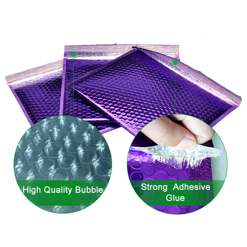 Bolsas de burbujas de papel de aluminio, sobres acolchados de embalaje de regalo para boda, postales, color morado y metálico, 50 unidades