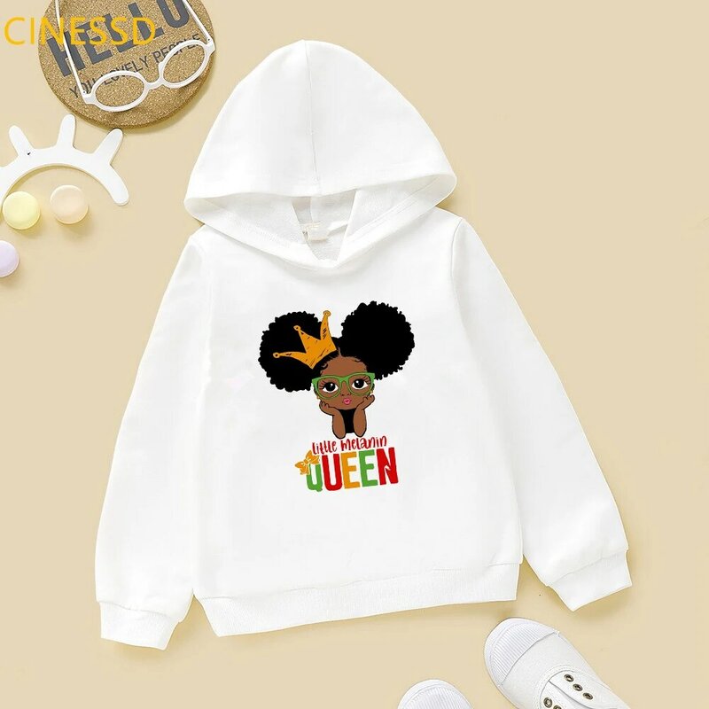 Pouco melanina rainha bonito africano-americano preto menina impressão moletom para crianças boné hoodies plus veludo grosso roupas