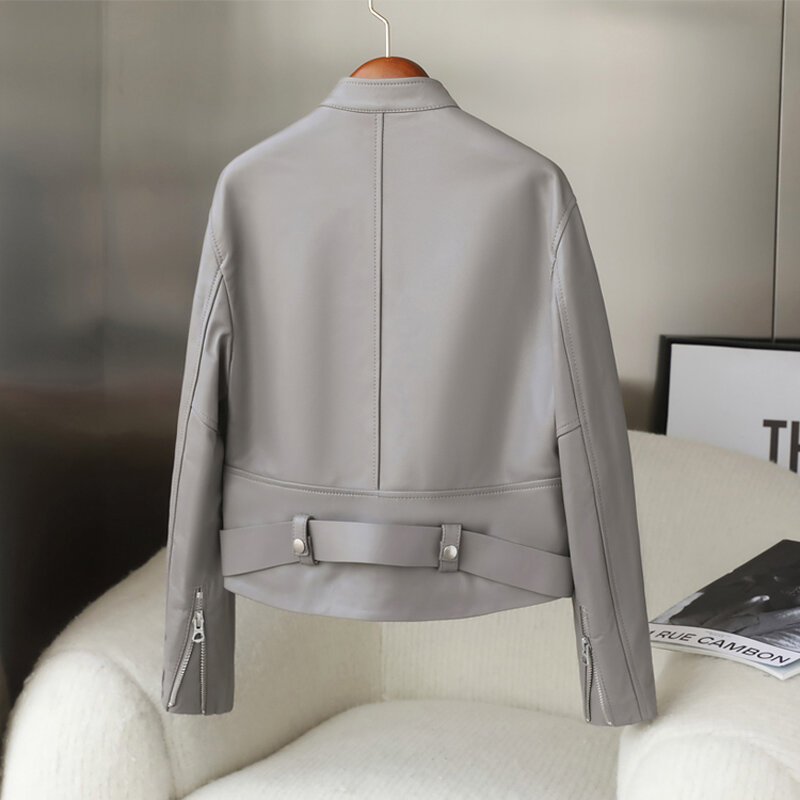 Jaket Lokomotif untuk Wanita Kualitas Tinggi Perempuan Abu-abu Pendek Ramping Ritsleting Kantong Kulit Asli Mantel Mujer Motor Vetement
