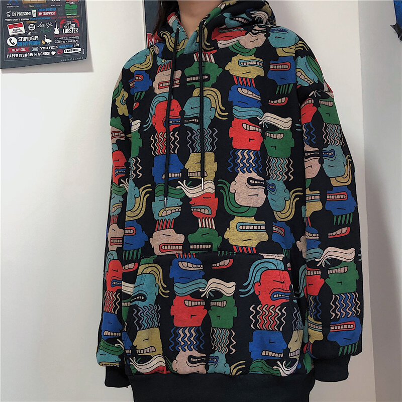 Sudaderas con capucha Harajuku para mujer, jerséis con estampado de gran tamaño, Sudadera con capucha de estilo coreano, tops para mujer, abrigo suelto, ropa de calle