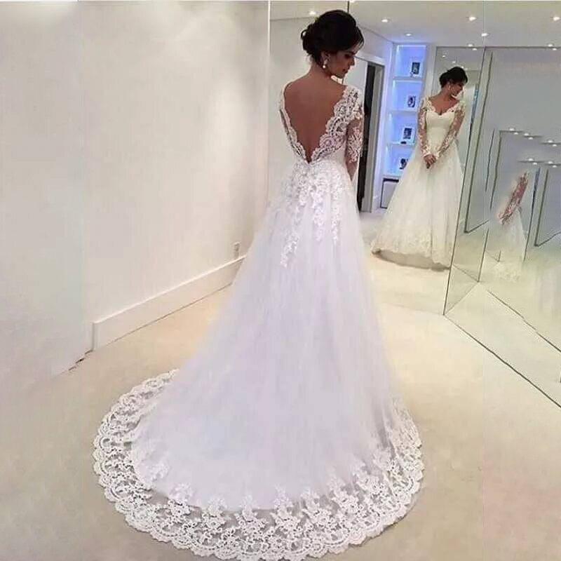 A-Line V Neck Plus rozmiar suknie ślubne bez pleców długie rękawy koronkowe aplikacje suknia dla panny młodej sukienka do ziemi de novia elegancka