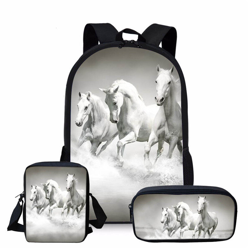 3 pçs/set 3d crazy horse print escola mochila conjunto para adolescente meninas meninos legal crianças do ensino médio bagpack criança bookbagbagbags