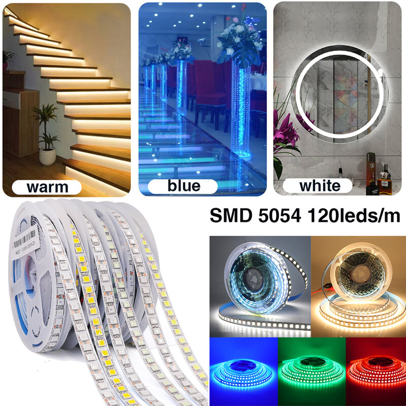 Bande LED Flexible haute luminosité, DC12V, 5050, 5054, 2835, 240 diodes/m, ruban de corde LED, lampe blanche chaude/blanche froide, 5m
