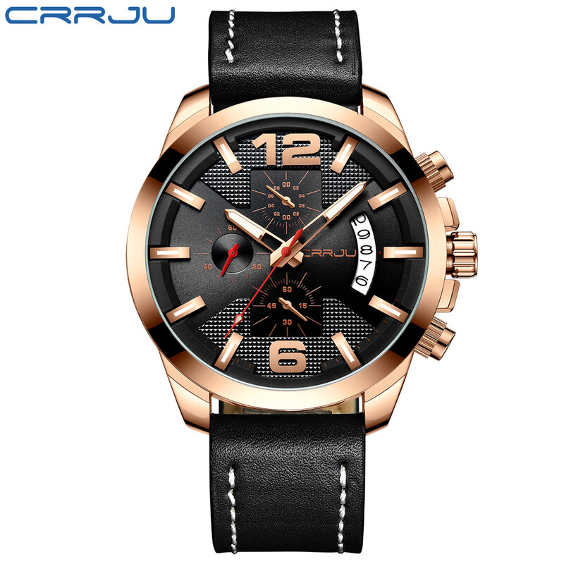 Crrju-Reloj deportivo de cuarzo para hombre, cronógrafo militar, correa de cuero, a la moda