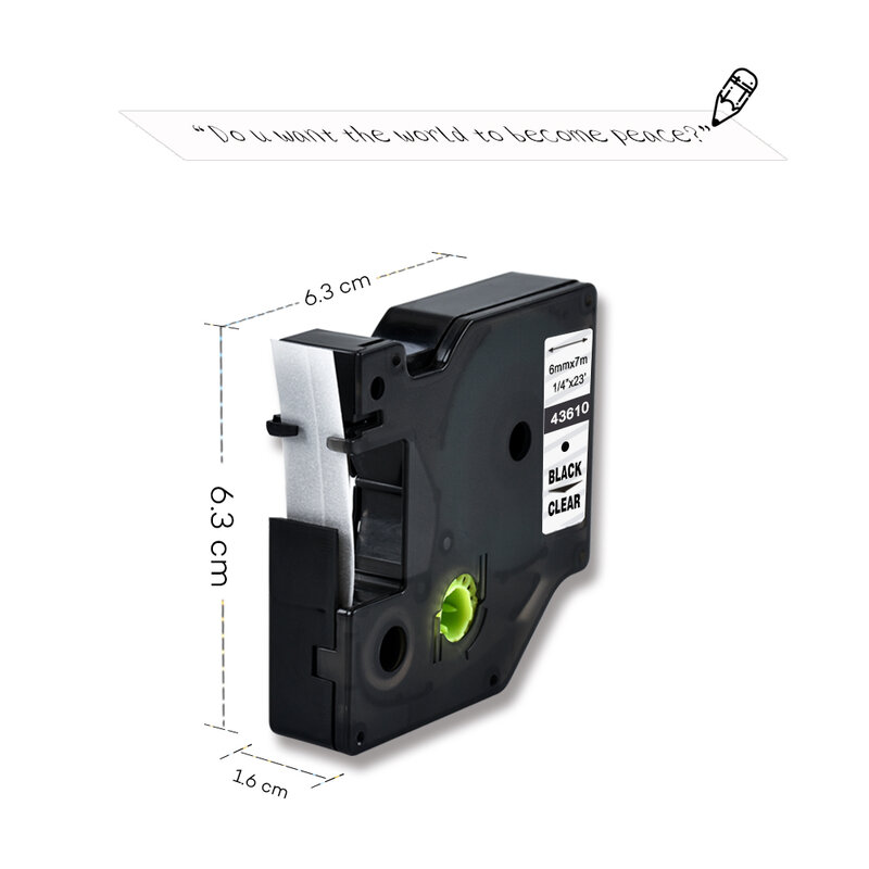 Cintas de cinta de 6mm para impresora Dymo D1, 43610 negro sobre transparente, Compatible con impresora de etiquetas Dymo LM160 LM280