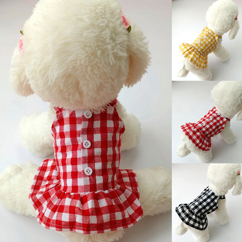 犬と猫のためのストラップ付きのかわいい市松模様のドレス,快適なバックル付きのスカート,ノースリーブ,子犬のための服