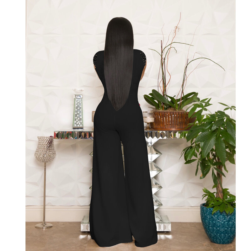 Macacão feminino preto com decote em v, manga de renda, verão, casual, sólido, perna larga, cintura alta, sexy, skinny, suit, 2019