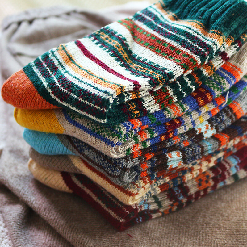 Calcetines gruesos de lana con rayas para hombre, medias informales de alta calidad, estilo Harajuku Retro, novedad de invierno, 5 pares