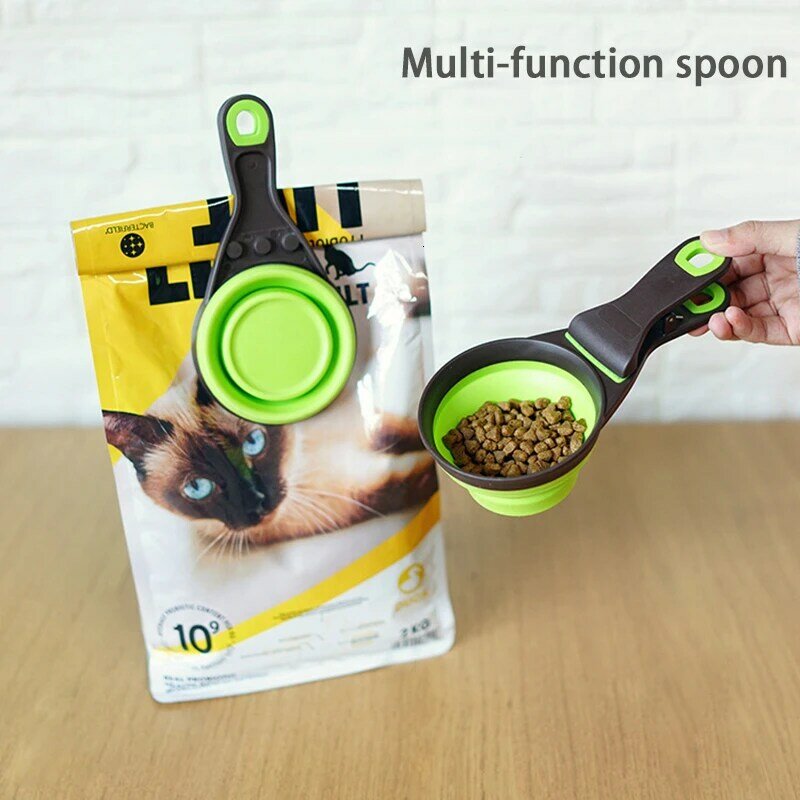 Multifuncional plegable de silicona Bol comedero para perros portátil recipiente de comida de mascotas cuchara taza para medir los perros alimentar de almacenamiento de herramienta
