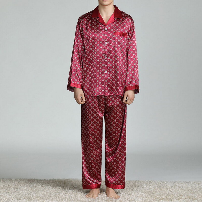 Set Piyama Sutra Satin Pria Pakaian Tidur Gaun Malam Kasual Piyama Pakaian Santai Longgar Baju Tidur Pakaian Rumah Print Baru Musim Gugur