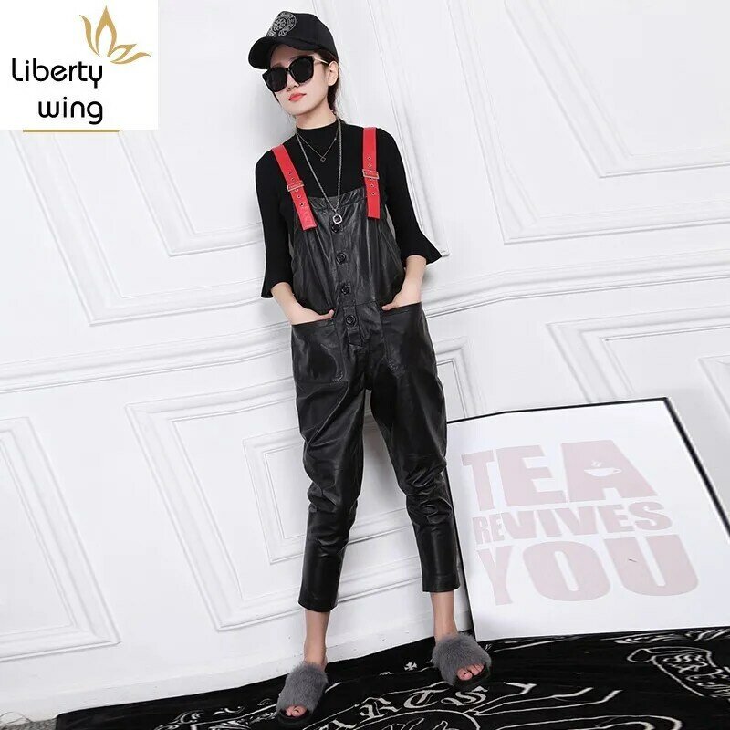 European Slim Fit Womens High Quality Leather Suspender Pants Fashion Solid Sheepskin Jumpsuit Female Plus Size M-3XL