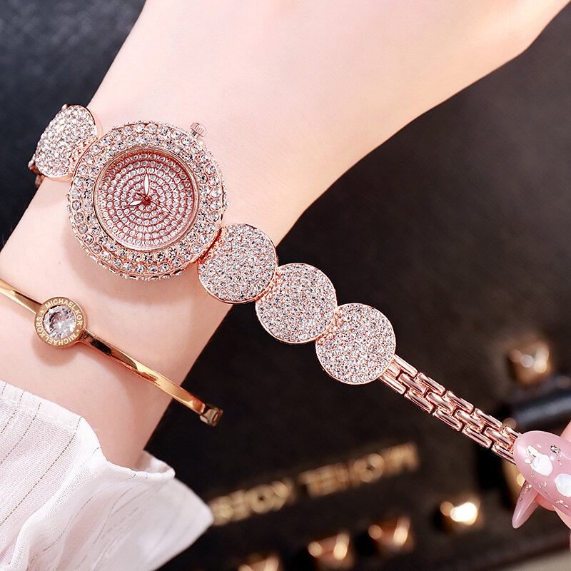 Montres de luxe en or rose pour femmes, bracelet complet en biscuits et diamants, montre-bracelet à la mode pour filles, horloge cadeau pour femme, D189