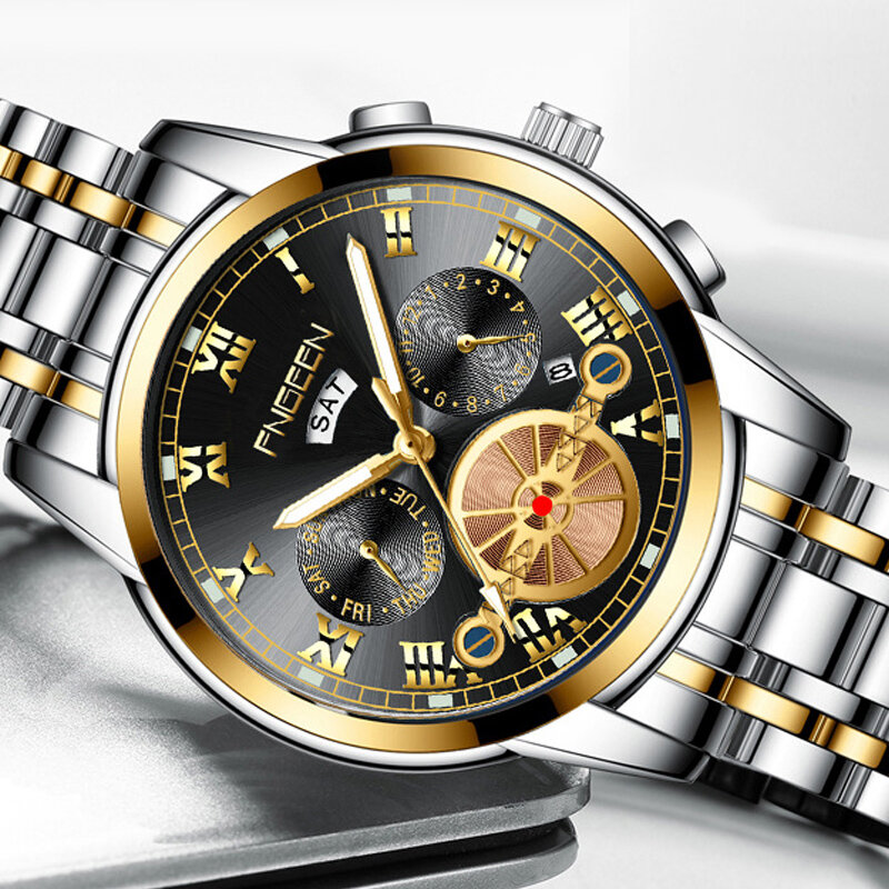 腕時計メンズトゥールビヨン鋼ベルトクォーツ時計メンズファッション防水カレンダー発光学生スポーツ多機能腕時計