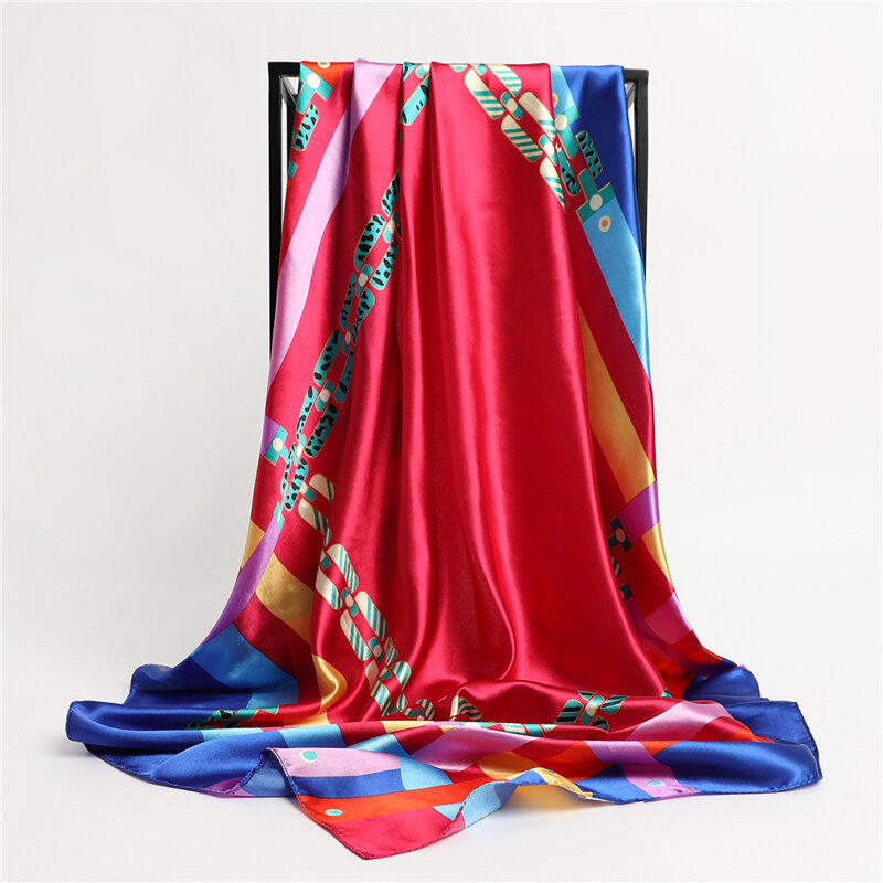 Bufandas cuadradas de seda para mujer, Hijab estampado, banda para la cabeza, 90x90cm