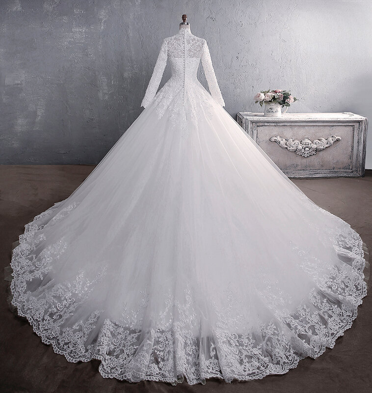 Robe de mariée musulmane à col haut avec train, robe de mariée princesse, broderie en dentelle de luxe, robe de mariée élégante, 2022