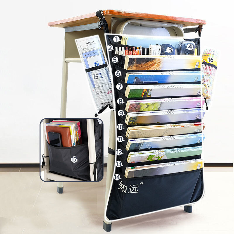 Bolsa de almacenamiento de escritorio escolar, organizador de libros, bolsa colgante de muebles escolares para estudiantes, bolsa de papelería de lona superior E12162