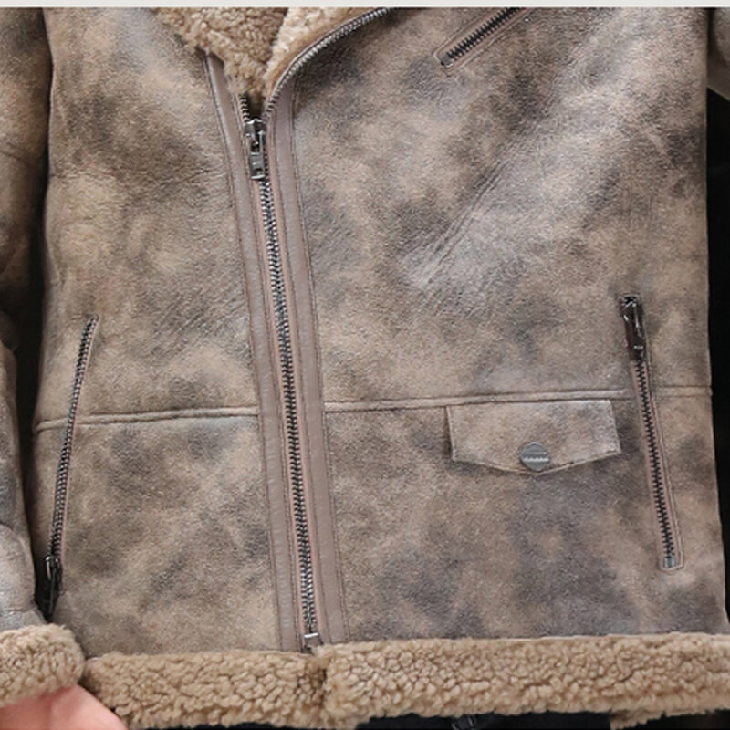 Pakaian Bulu Asli Hitam Jaket Bulu Alami Musim Dingin Pria Kulit Hangat Musim Dingin Tebal Bulu Domba Asli Kulit Coklat