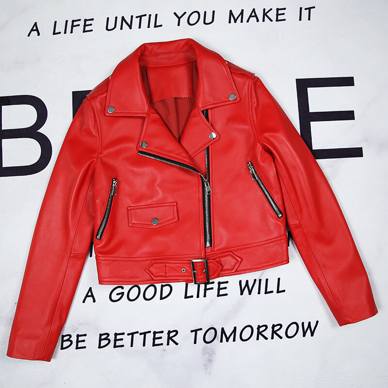 Factory New Arrival Women Fashion Short Genuine Leather Motorcycle Jacket